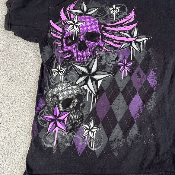 Vintage Skull T Shirt Mens Large Black Purple Graphic Argyle Short Sleeve  Y2K - Picture 2 of 9